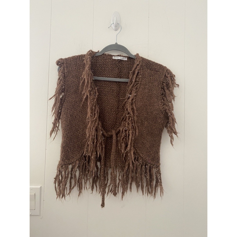 VTG Zone Bleue French Fringe Knit Bolero Crop Cardigan Vest Brown Open Tie Sz S